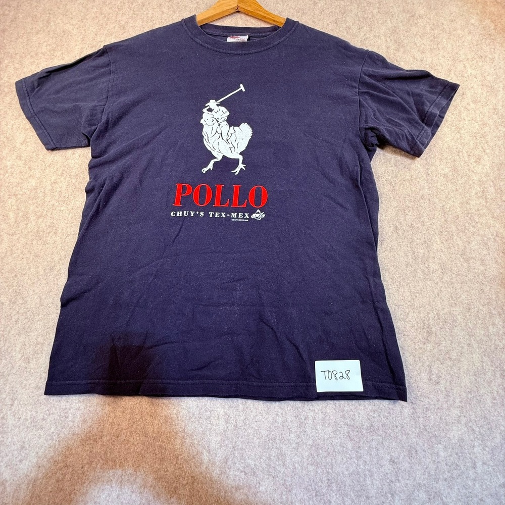 Chuys Tex-Mex Pollo Parody T-Shirt Mens Medium Navy Blue Heavyweight Cotton 2008